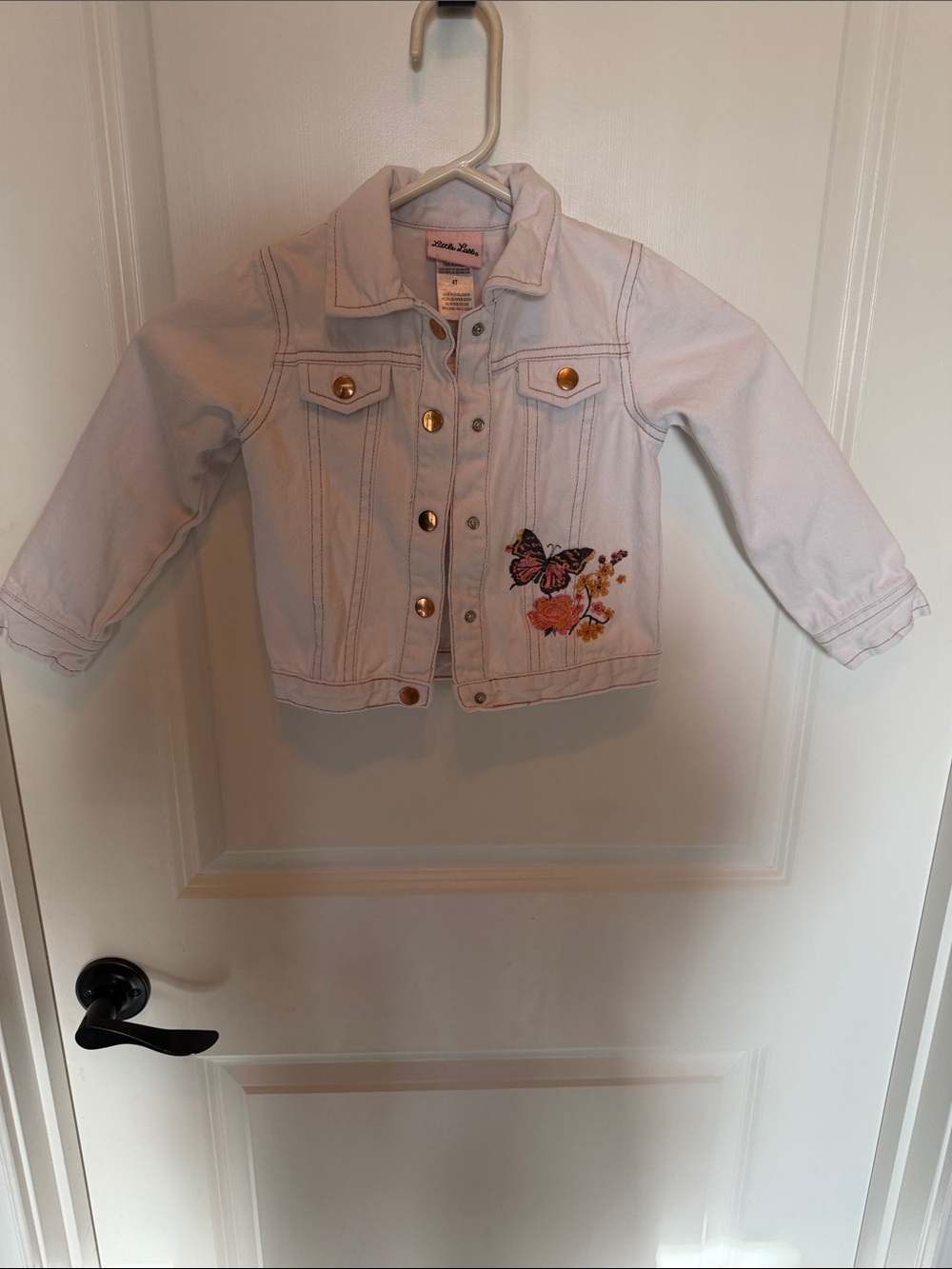 Little Lass Light Pink Denim Jacket with Butterfly Embroidery